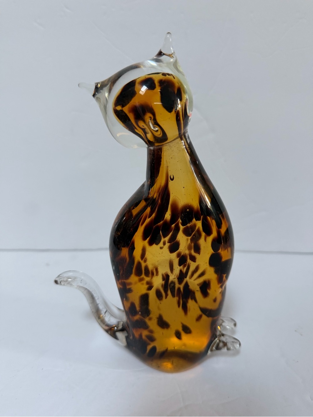 Handblown Glass Cat Figurine in Amber and Black 8 3/8”